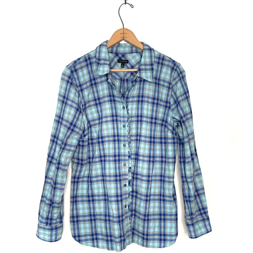 Talbots | Green Plaid Ruffle Trim Button Down Shirt